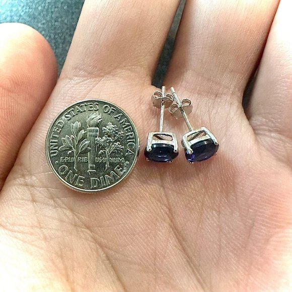 Blue Sapphire Stud Earrings for Women Sterling Silver 925 6MM Round lab-created - Picture 10 of 11